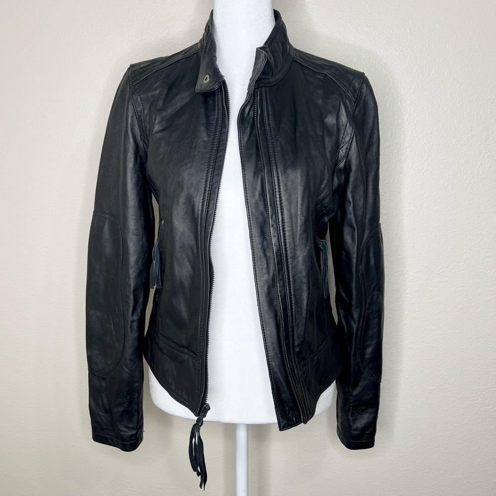 Street Legal Black Leather Full Zip Tassel Motorcycle Racer Biker Jacket Sz S